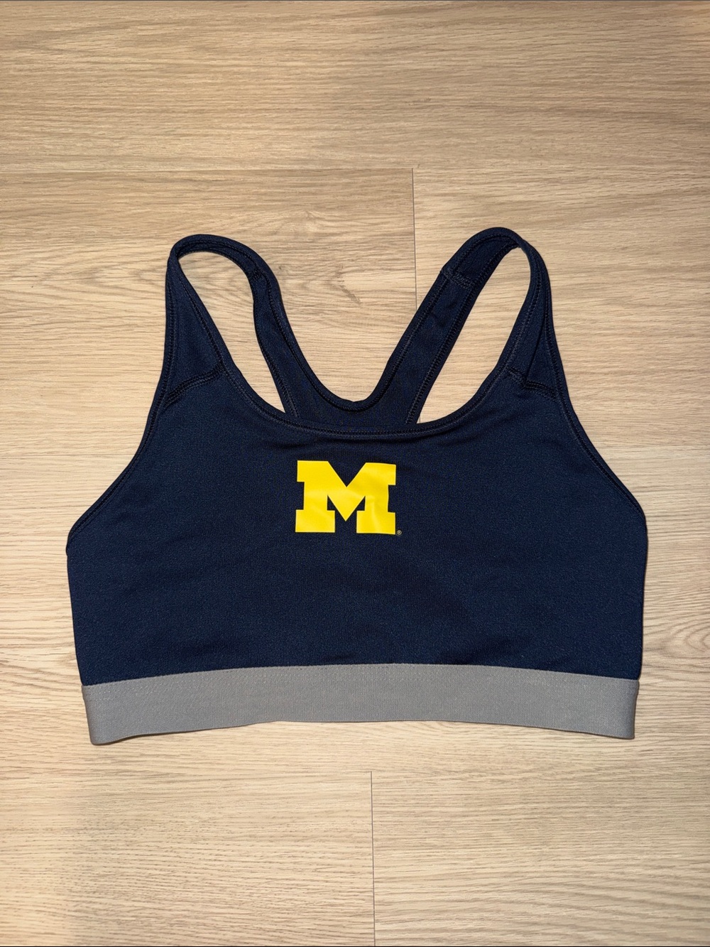 Nike Navy Sports Bra with Yellow M Logo and Gray Band